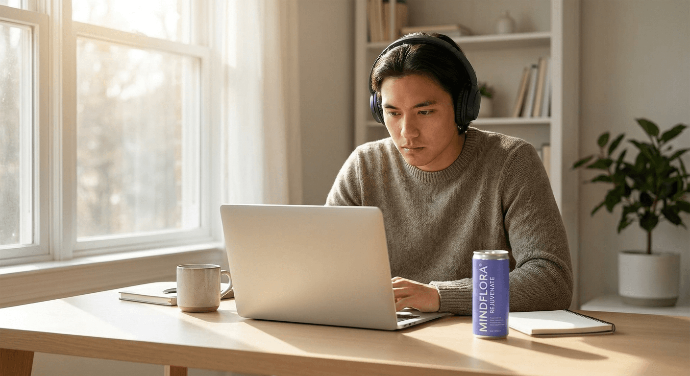 A professional in flow state at a desk with a MINDFLORA® can beside the laptop