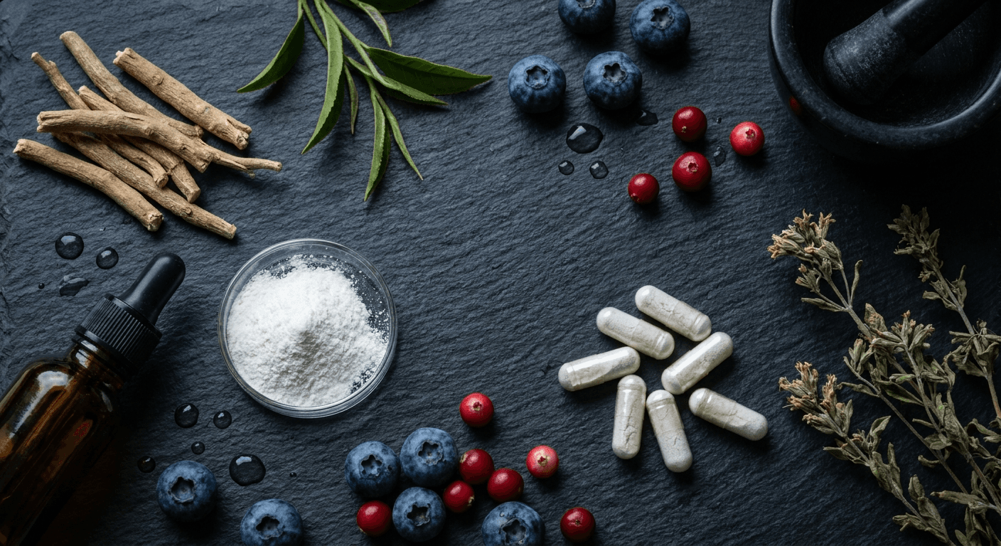 Macro flat-lay of botanical ingredients, amino acids and arctic berries on dark slate
